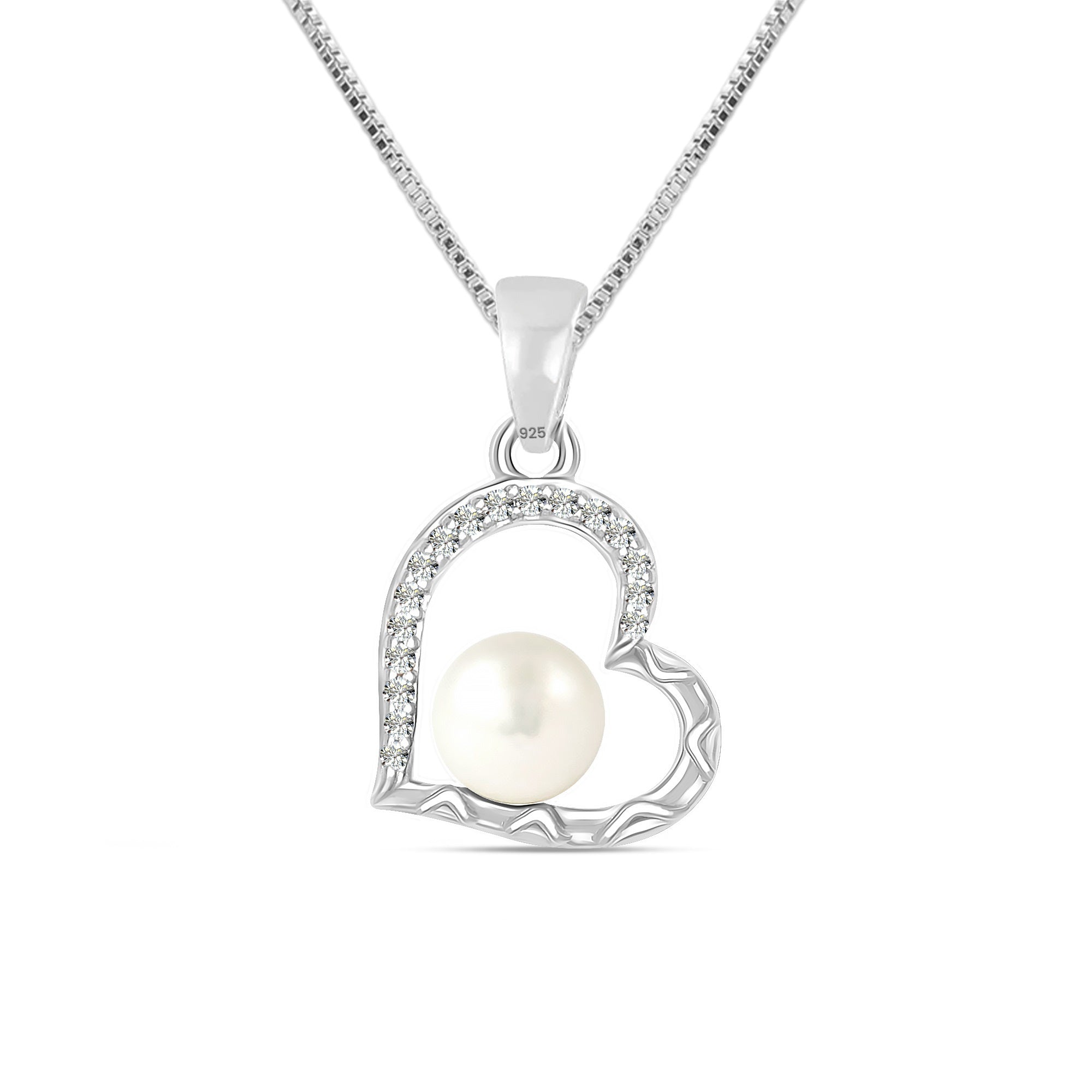 925 Sterling Silver CZ Heart Pearl Pendant Necklace for Women