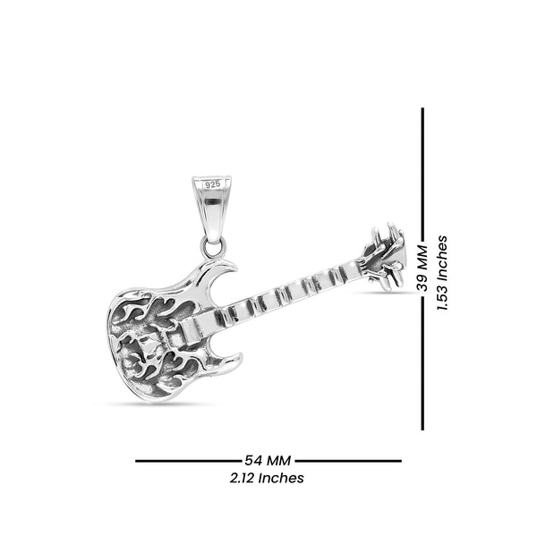 925 Sterling Silver Rock Flame Guitar Biker Pendant for Men and Boys