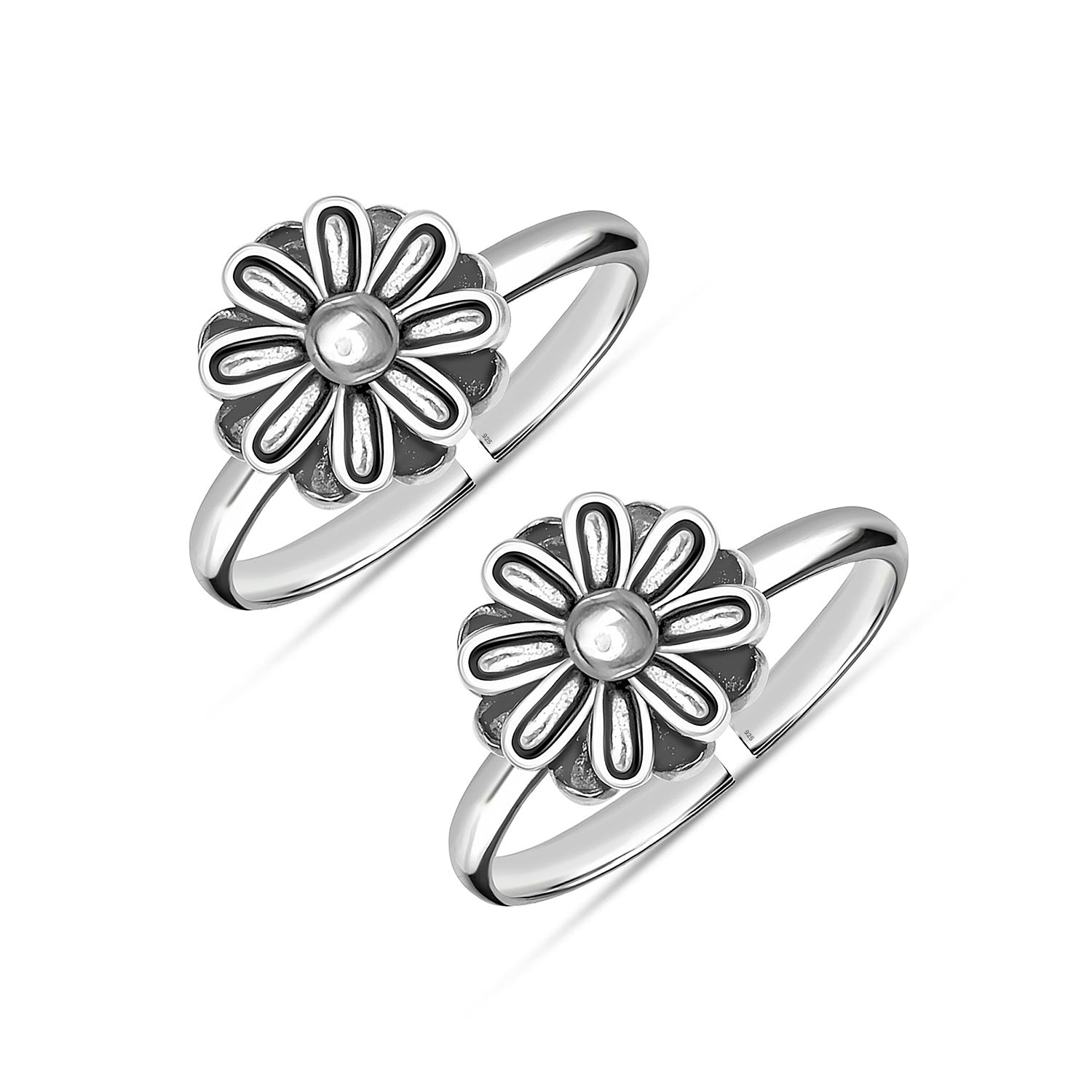 925 Sterling Silver Oxidized Floral Design Toe Rings for Women