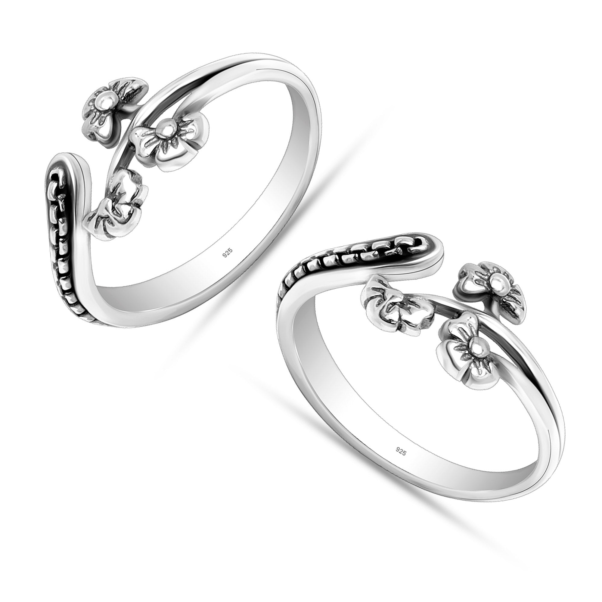 925 Sterling Silver Oxidized Floral Design Toe Rings for Women