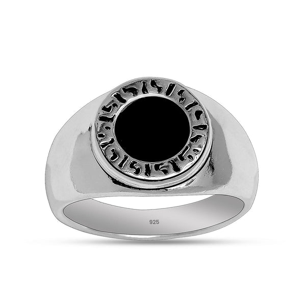 925 Sterling Silver Black Onyx Stone Hexagon Viking Rune Ring for Men and Boys
