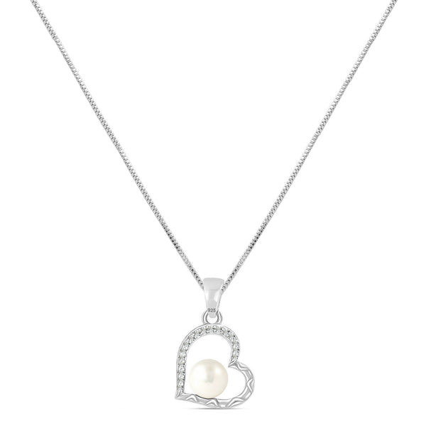 925 Sterling Silver CZ Heart Pearl Pendant Necklace for Women