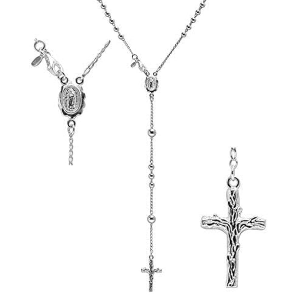925 Sterling Silver Italian Rosary Bead Cross Y Necklace Chain for Women Men