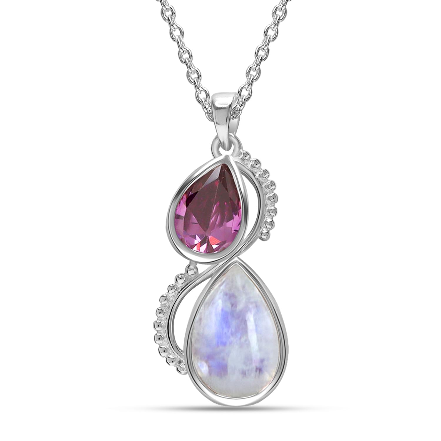 925 Sterling Silver Teardrop Amethyst Rainbow Moonstone Pendant Necklace for Women