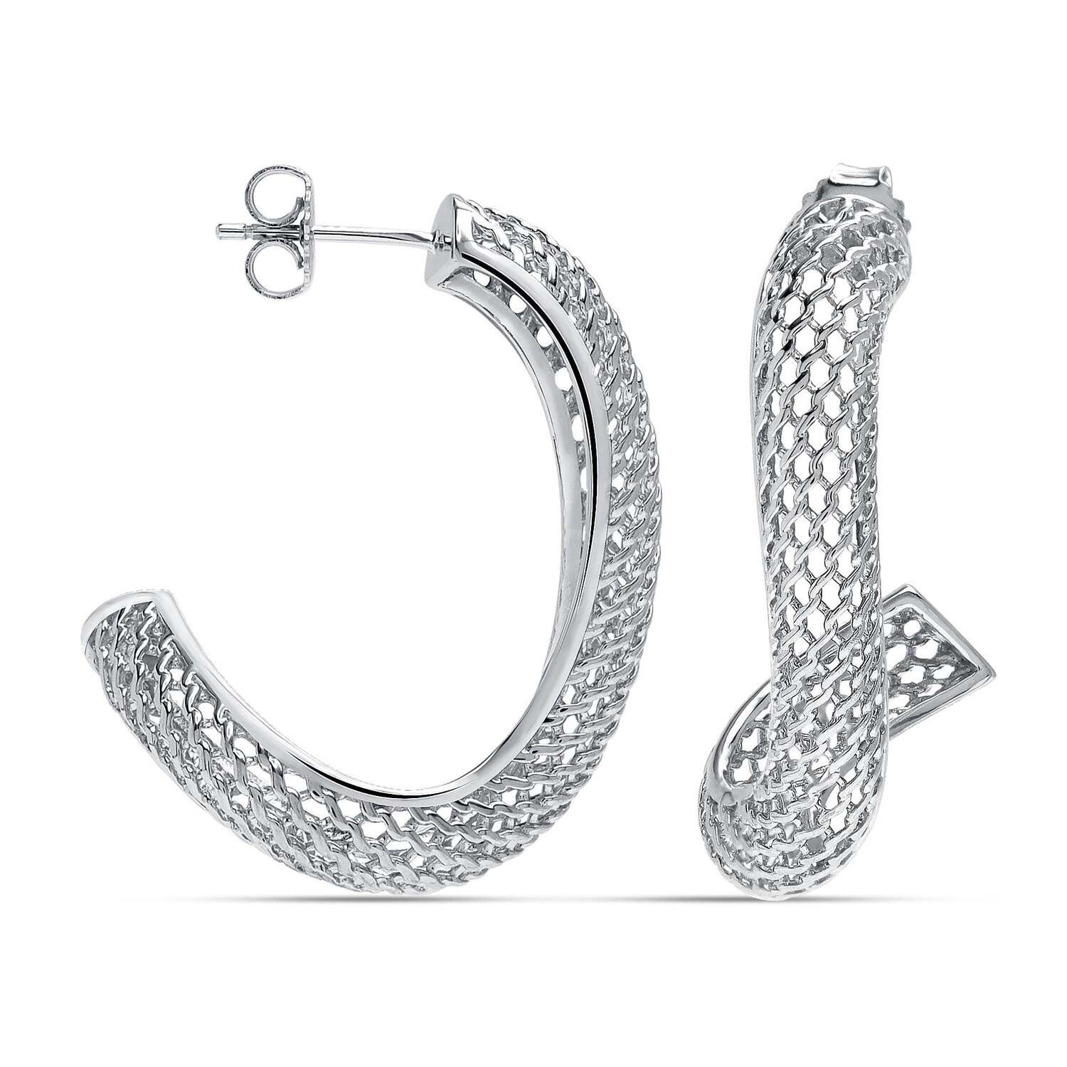 925 Sterling Silver Medium Twisted Mesh Irregular Filigree Hoop Earrings for Women