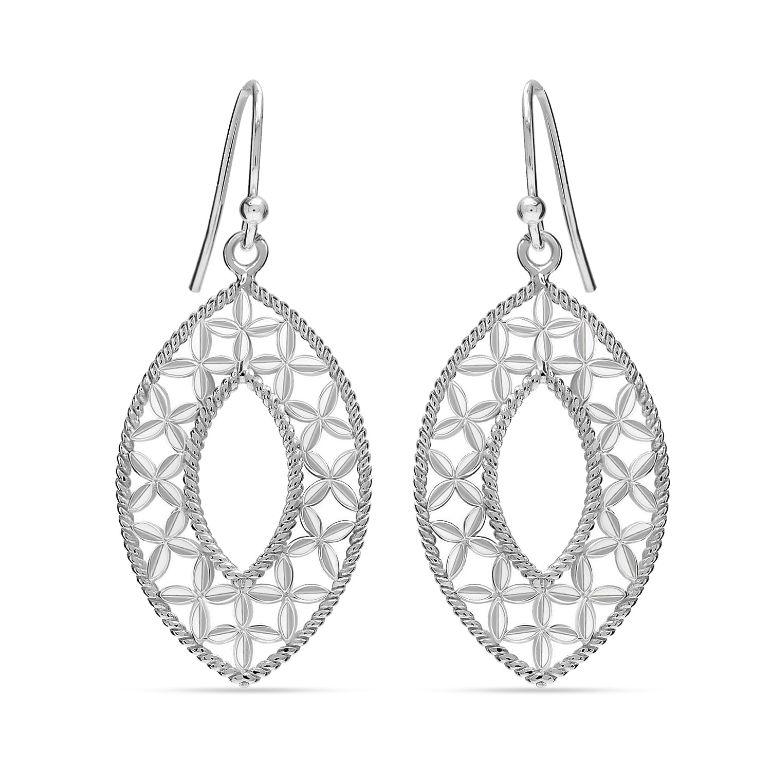 925 Sterling Silver Diamond-Cut Floral Intricate Filigree Design Oval Drop Dangle Earrings for Women