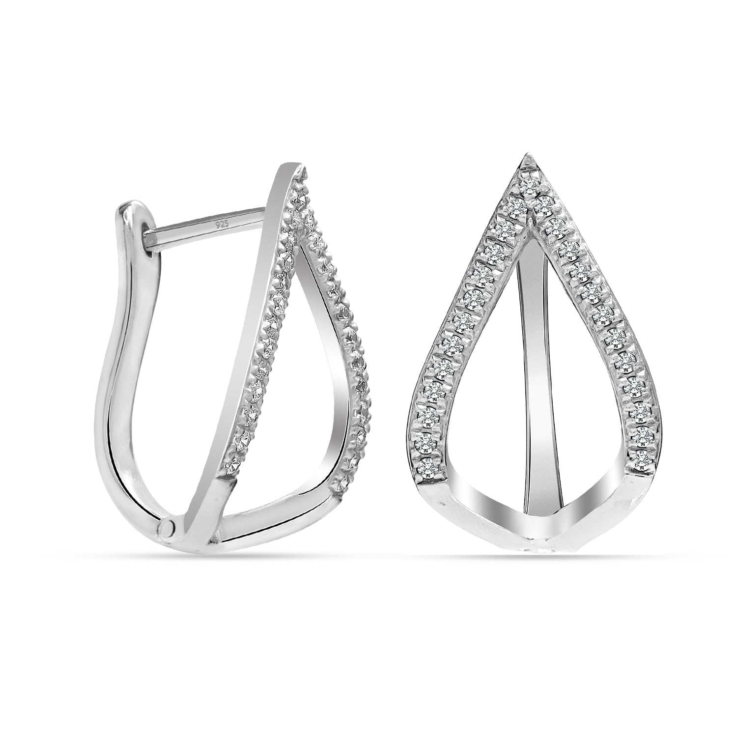 925 Sterling Silver Rhodium Plated Small Cubic Zirconia Teardrop Latch Back Hoop Earrings for Teen