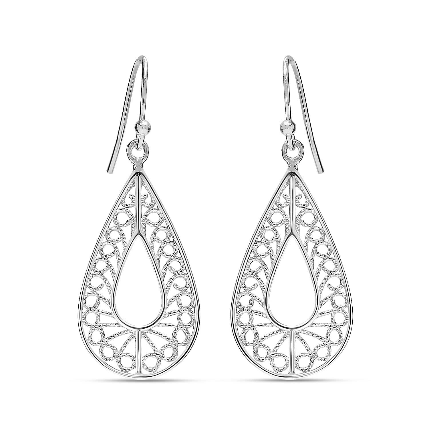 925 Sterling Silver Long French Wire Lightweight Classic Filigree Teardrop Drop Dangle Earrings for Women