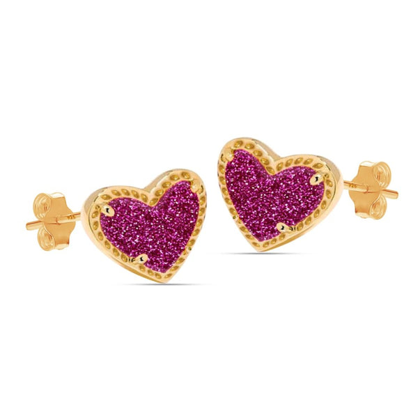 925 Steling Silver 14K Gold-Plated Love Pink Druzy Heart Shaped Stud Earrings for Women