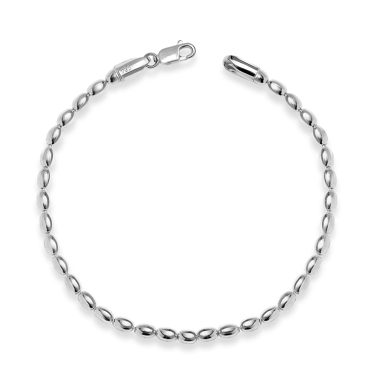 925 Sterling Silver Italian Oval Bead Ball Strand link Chain Bracelet for Women