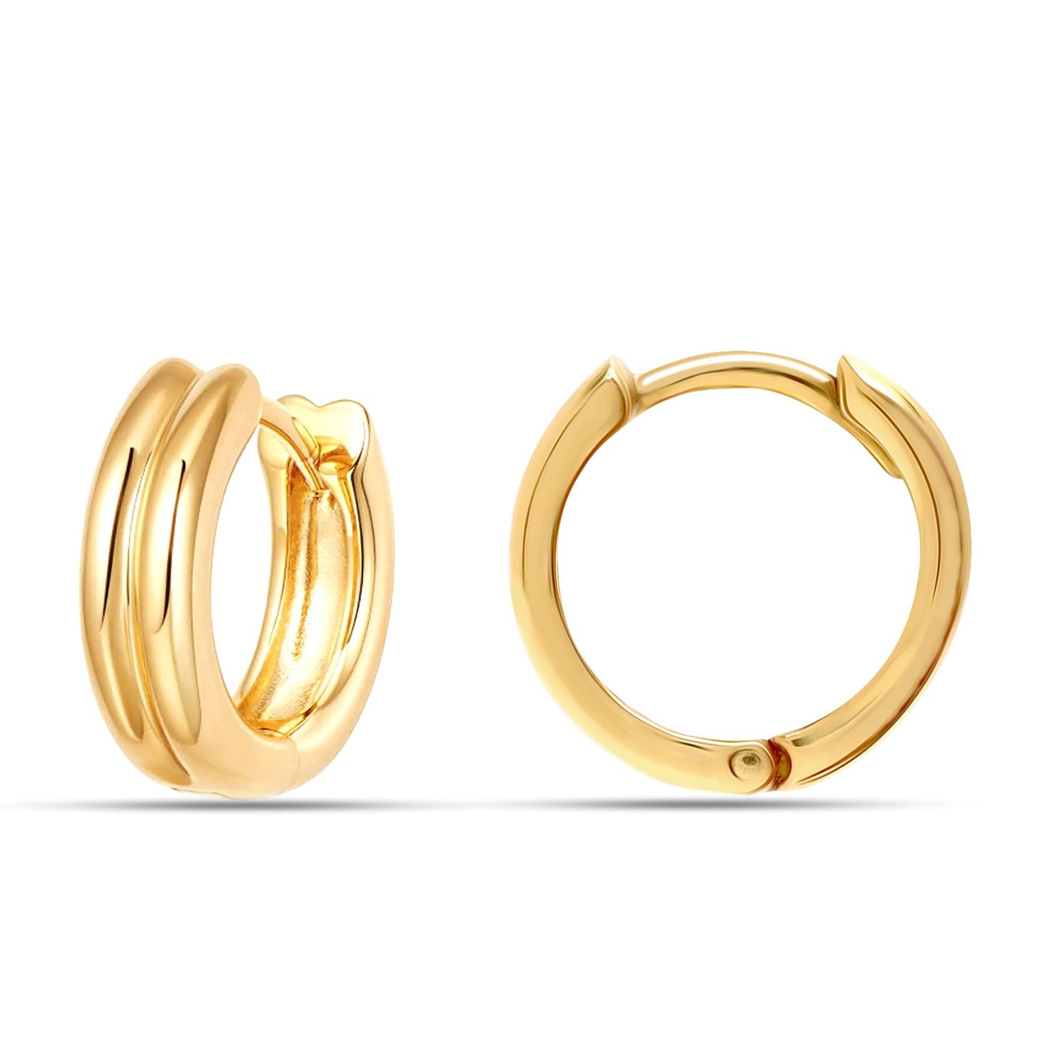 925 Sterling Silver 14K Gold Plated Small Chunky Minimalist Double Ridge Huggie Hoop Earrings for Women