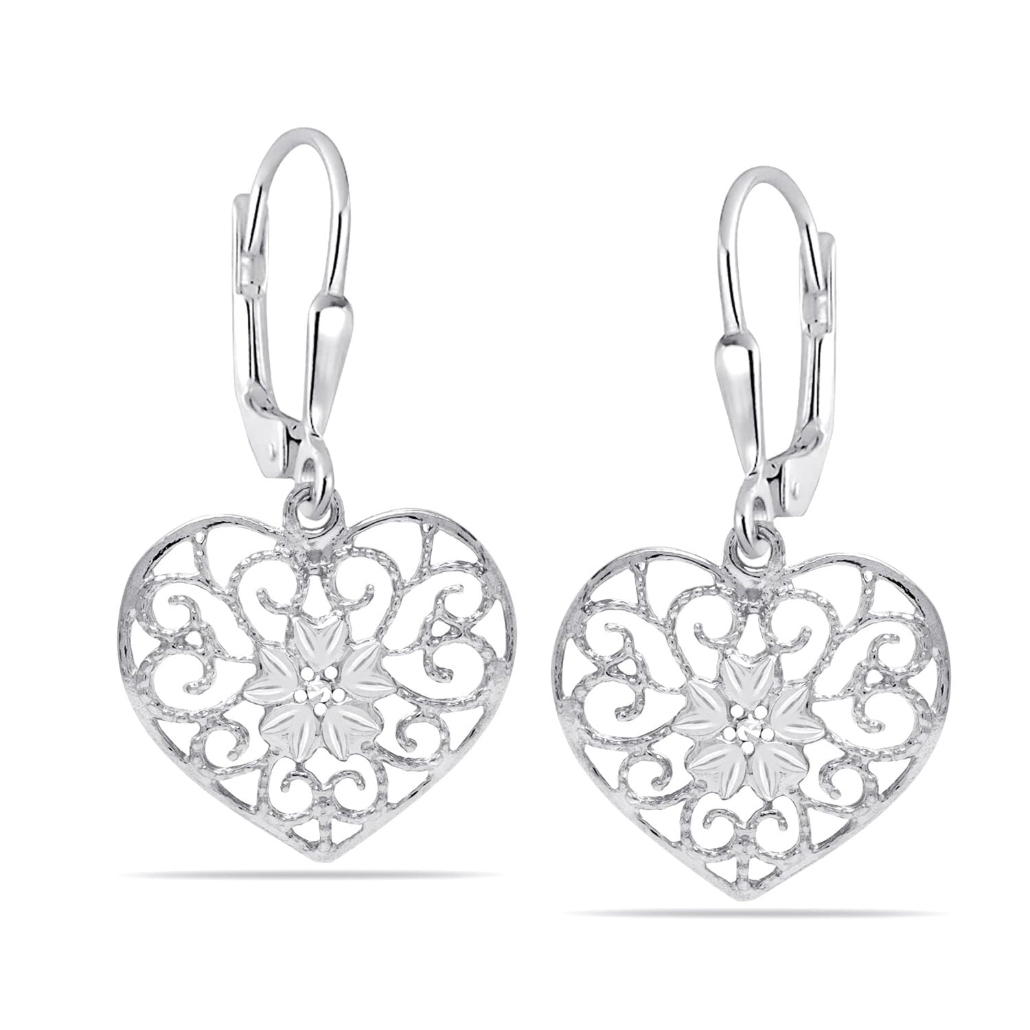 925 Sterling Silver Filigree Heart and Butterfly Floral Design Diamond-Cut Lightweight Leverback Drop Dangle Earrings for Women