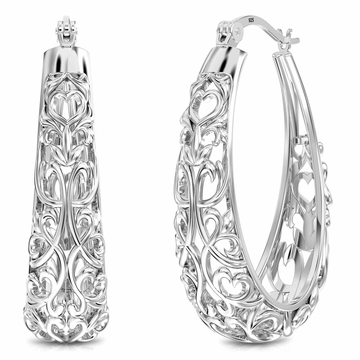 925 Sterling Silver Mesh Filigree Oval Click-Top Hoop Earrings for Women