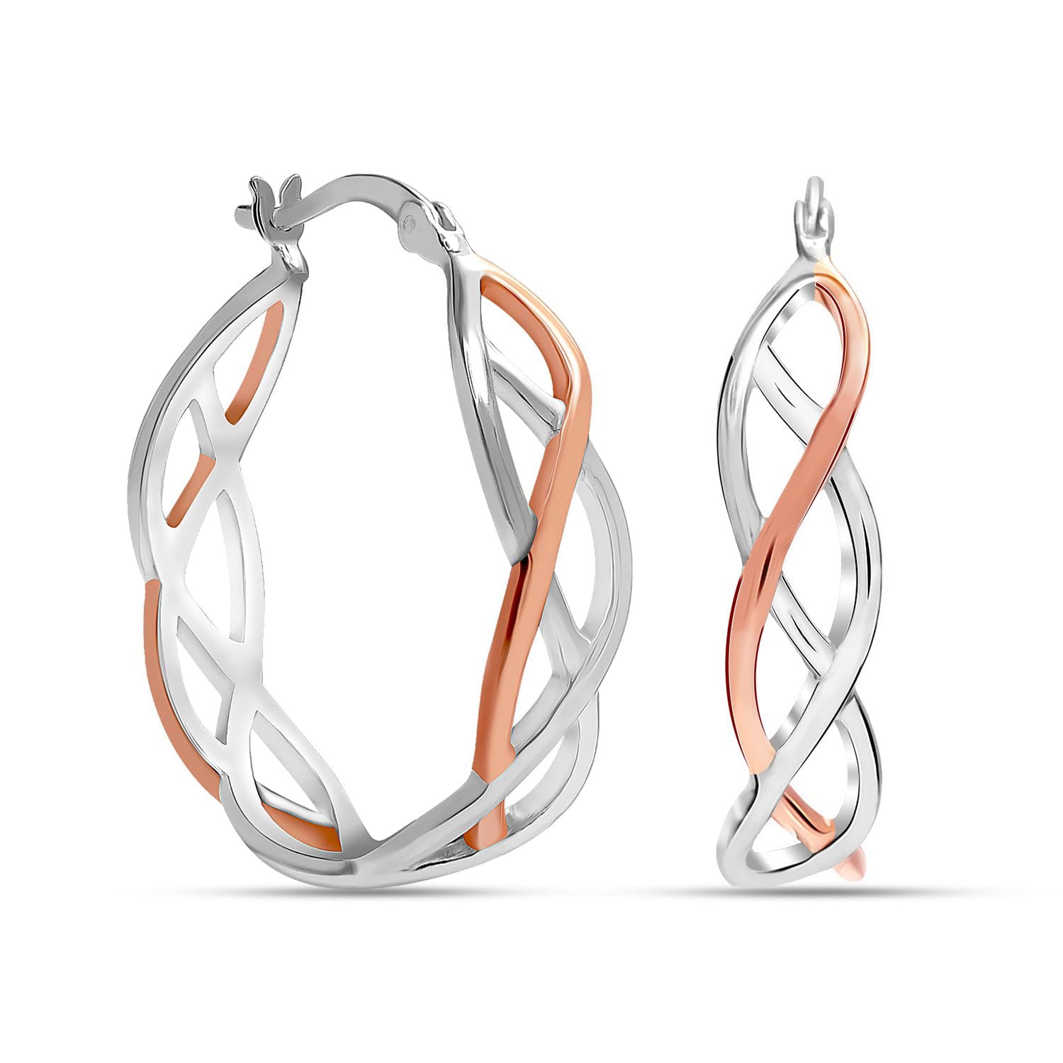 925 Sterling Silver Medium Two-Tone Round Hoop Earrings Twisted Click-Top Hoop Earrings for Women