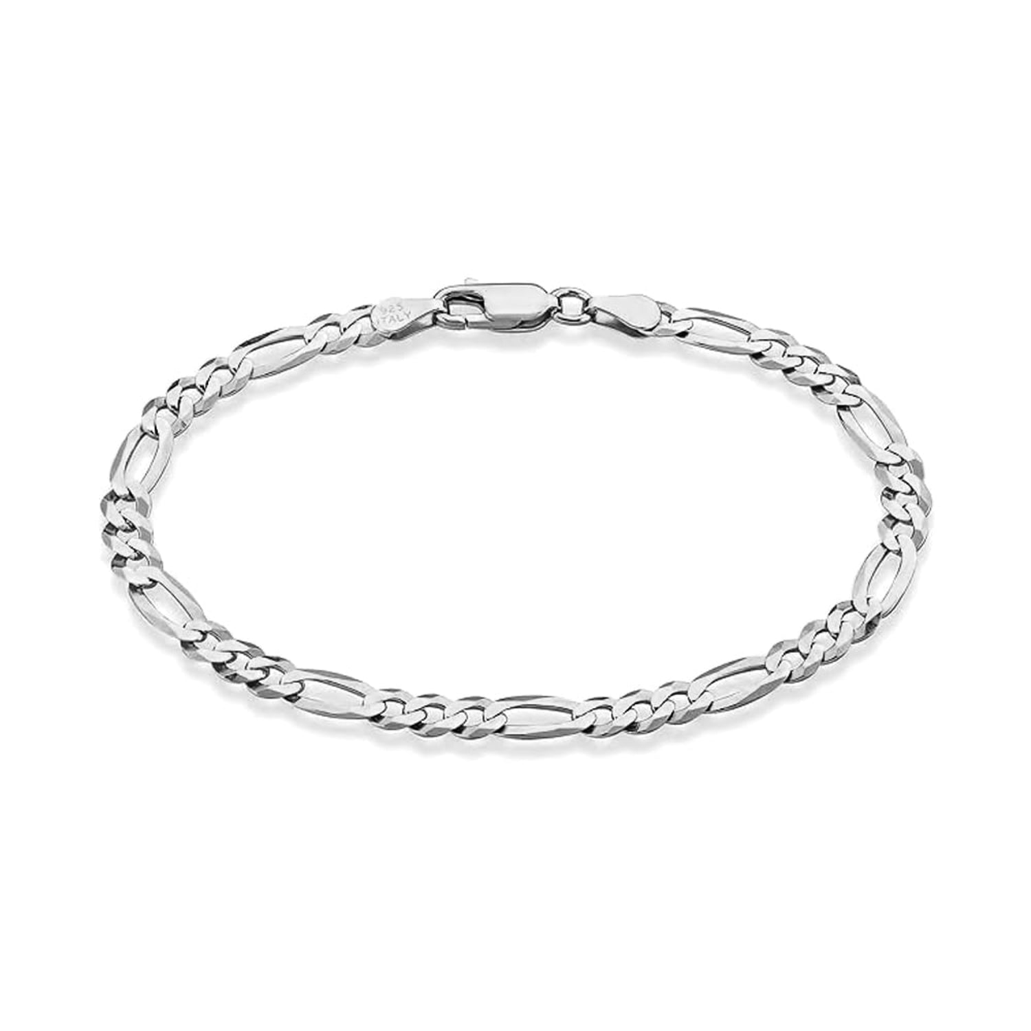 925 Sterling Silver Italian Diamond-Cut Figaro Link Chain Bracelet for Men and Women 4mm