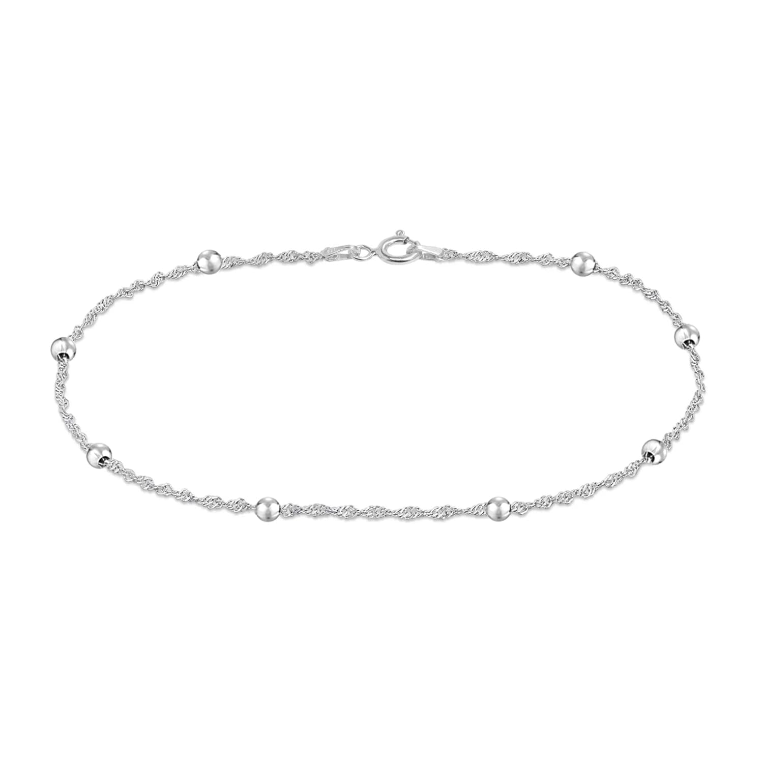 925 Sterling Silver Singapore Beaded Station Chain Beach Summer Ankle for Women and Girls 1PC