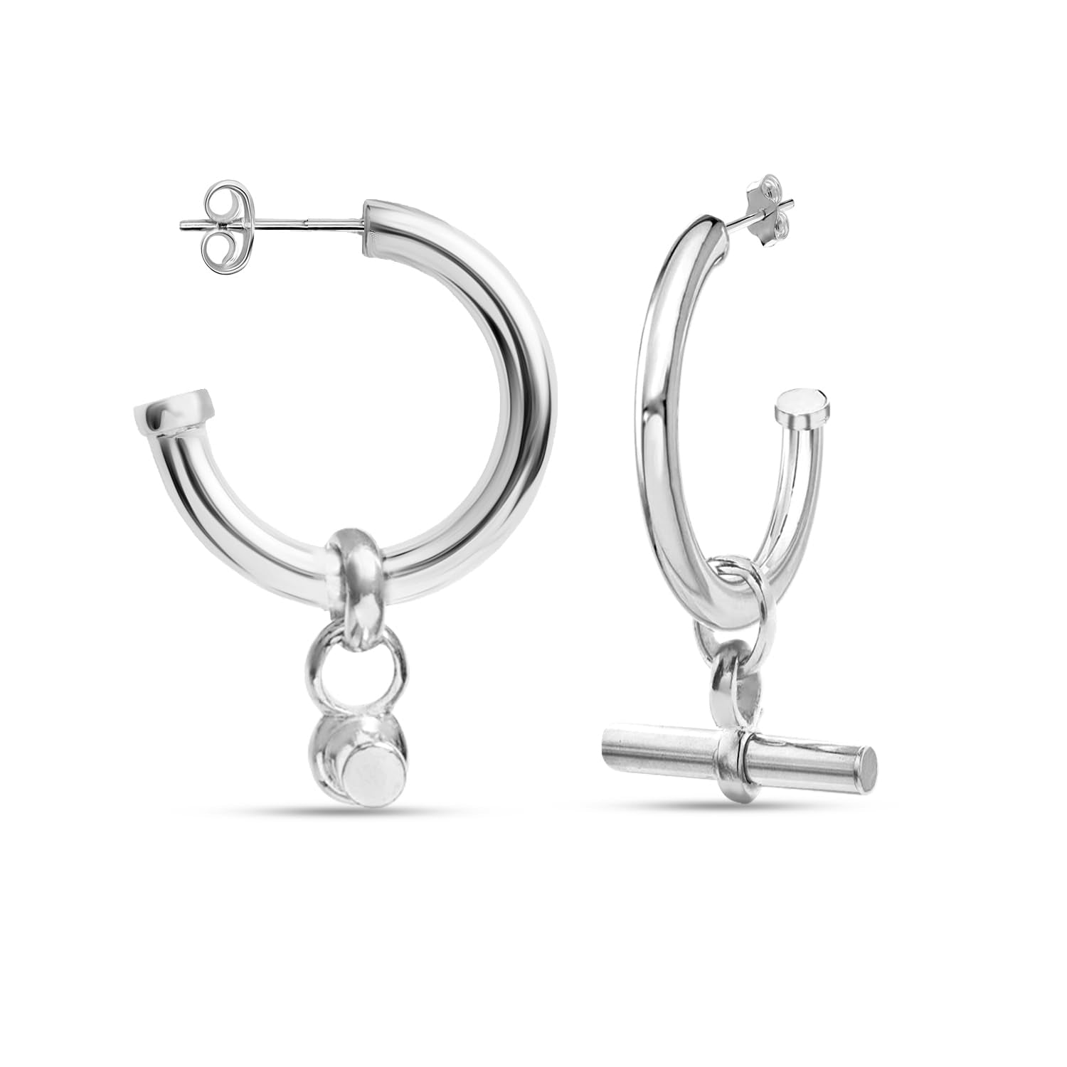 925 Sterling Silver Small T Bar Charm Half Hoop Earrings for Women