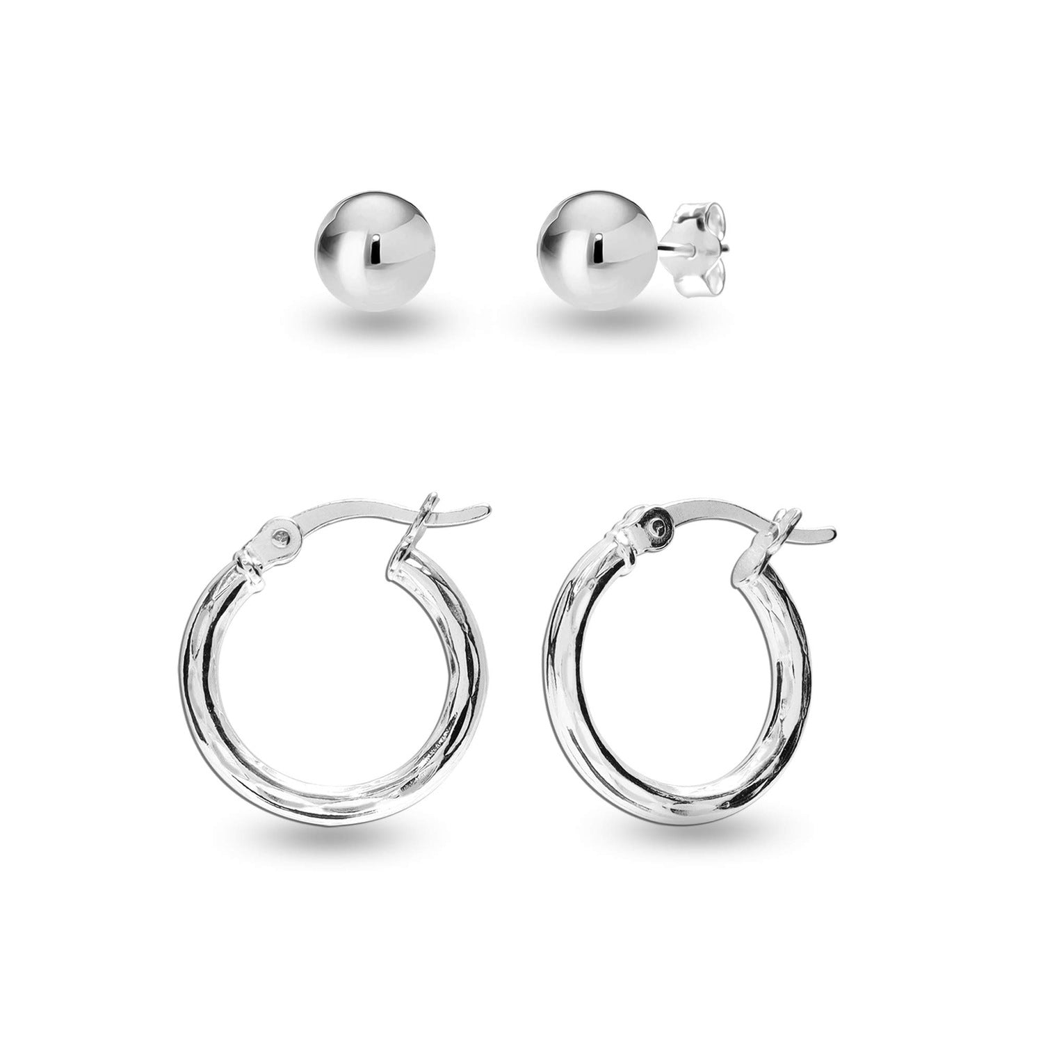 925 Sterling Silver Diamond-Cut Click-Top Small Hoop Ball-Post Stud Earrings For Women Teen Set of 2 Pairs