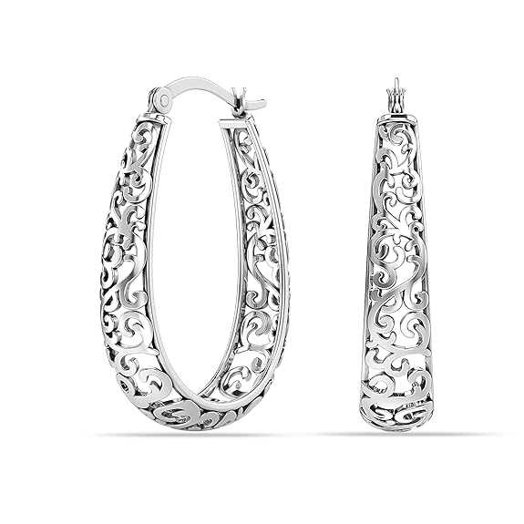 925 Sterling Silver Antique Oval Filigree Click-Top Hoop Earrings for Women