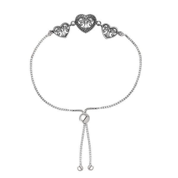 925 Sterling Silver Antique Bali-Style Heart Adjustable Bolo Bracelet for Women Teen