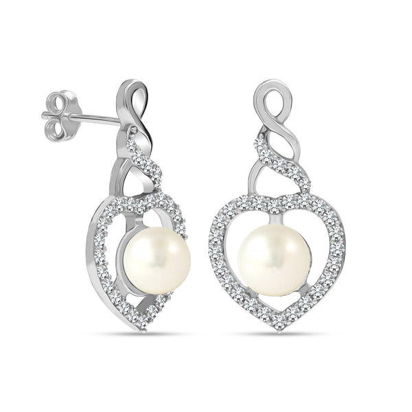 925 Sterling Silver CZ Simulated Pearl Heart Drop Stud Earrings for Women