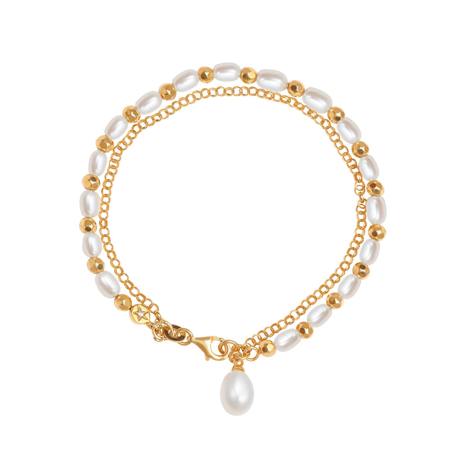 925 Sterling Silver 14K Gold Plated Double Layer Chain Freshwater Pearl Bracelet for Women