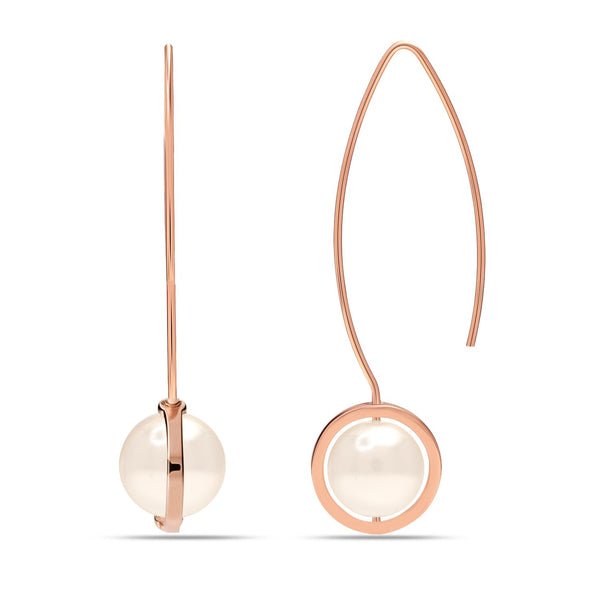 925 Sterling Silver 14K Rose Gold Plated Simulated Pearl French Wire Drop Dangle Hook Earrings for Women