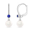 925 Sterling Silver Cubic Zirconia Italian Design Round Simulated Pearl Blue Sapphire Gemstone Leverback Drop Dangle Earrings for Women