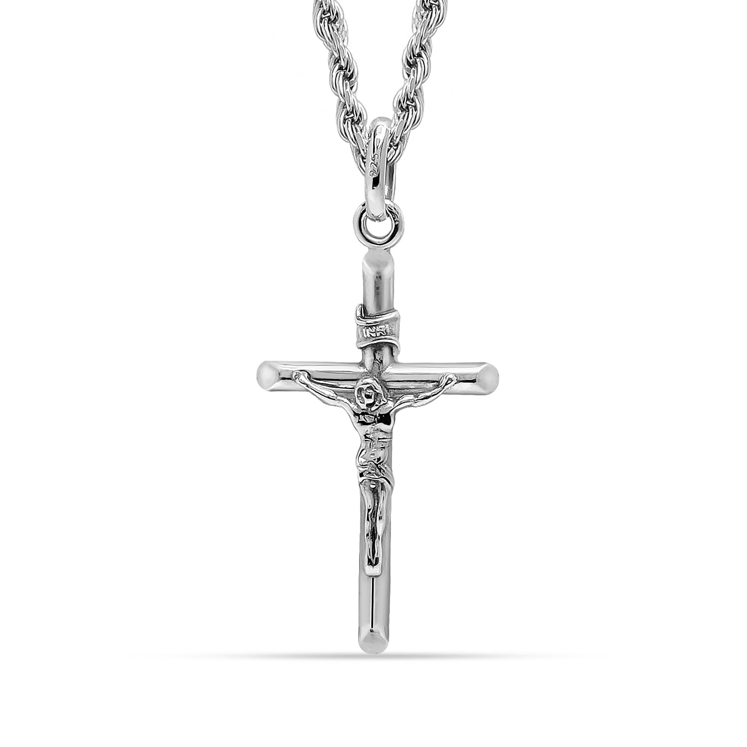 925 Sterling Silver Rhodium Plated Italian Cross Crucifix Rope Chain Pendants Necklace  for Men and Women