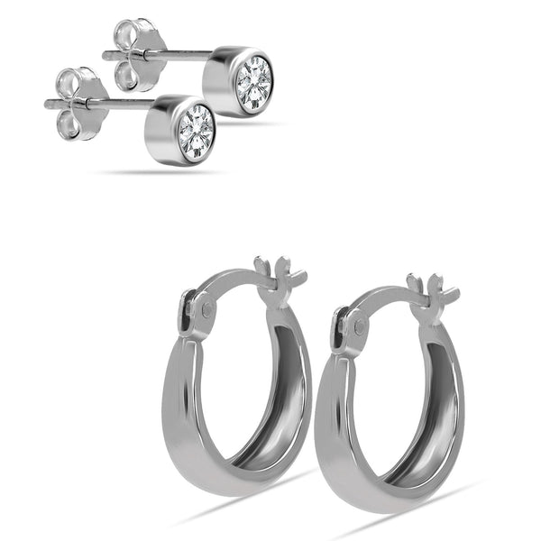 925 Sterling Silver Light Weigh CZ Small Stud and Hoop Earrings for Women Set of 2 Pairs