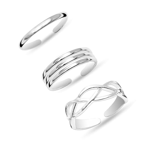 925 Sterling Silver Classic Summer Beach Foot Adjustable Band Toe Rings for Women Set of 3 Pcs