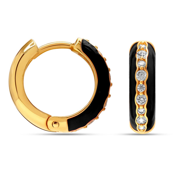 925 Sterling Silver 14K Gold Plated SMALL Zirconia Enamel Dual-Tone Huggie Hoops Earrings for Teens