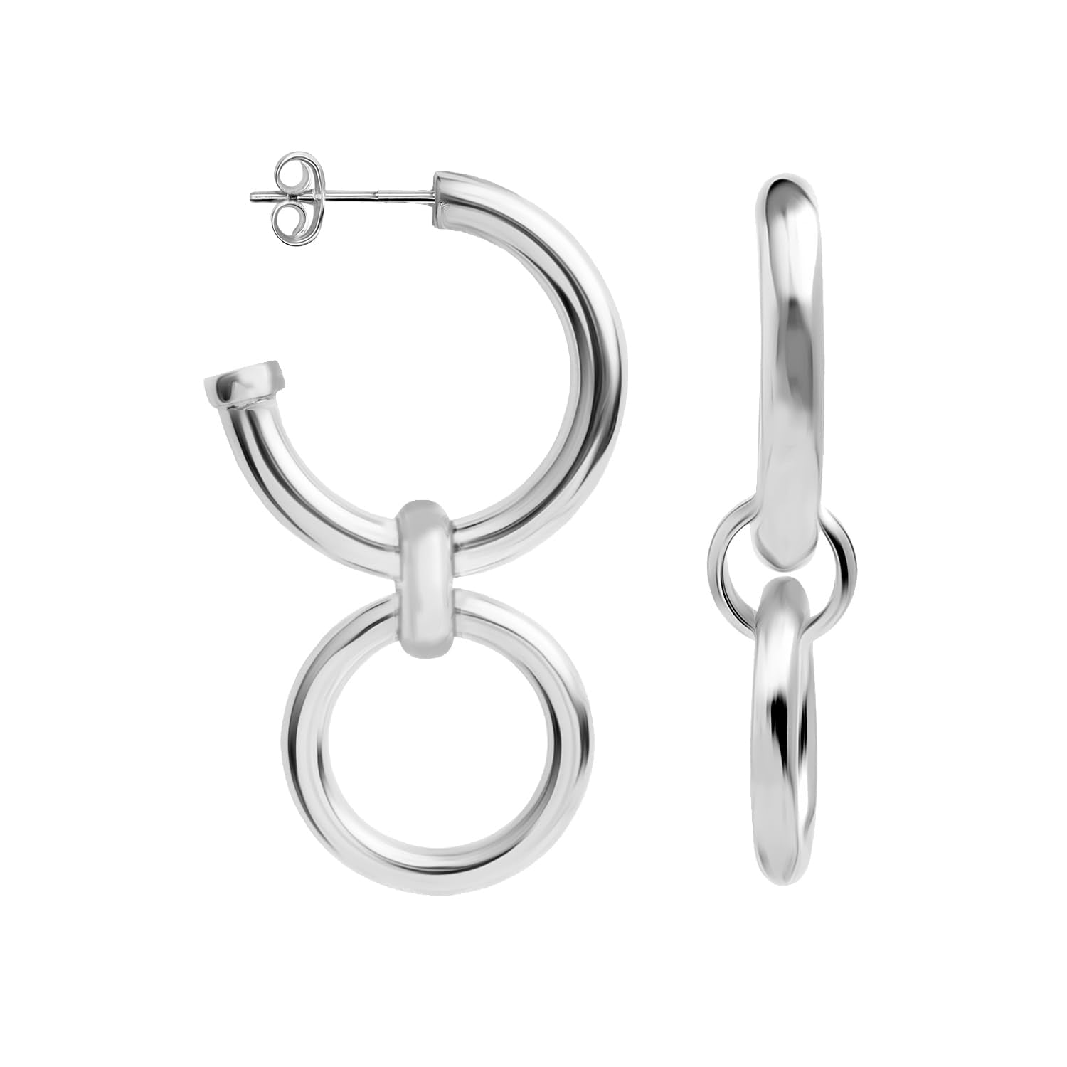 925 Sterling Silver Double Circle Round-Tube C-Hoop Earrings for Women