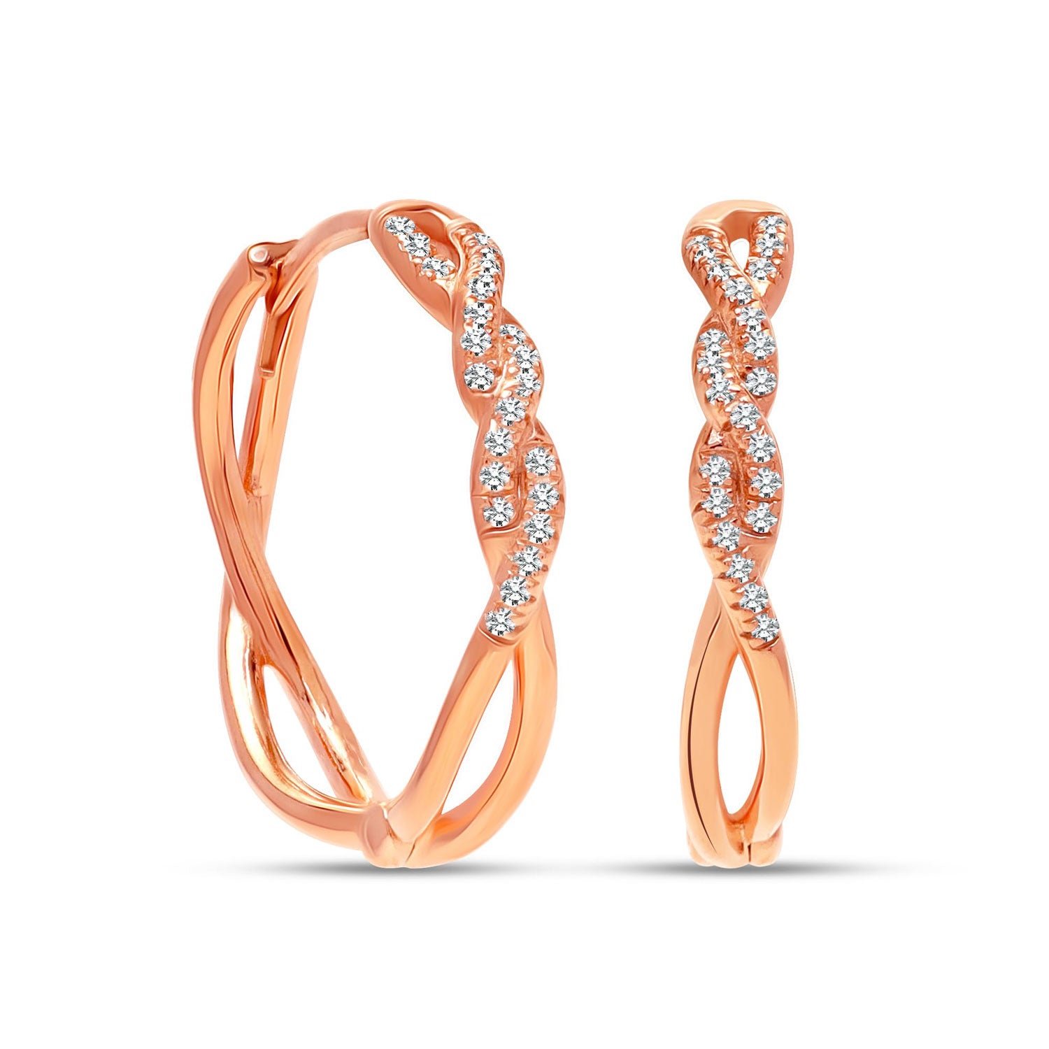 925 Sterling Silver 14K Rose-Gold Plated Cubic Zirconia Twisted Endless Lightweight Classic Infinity Hoop Earrings for Women