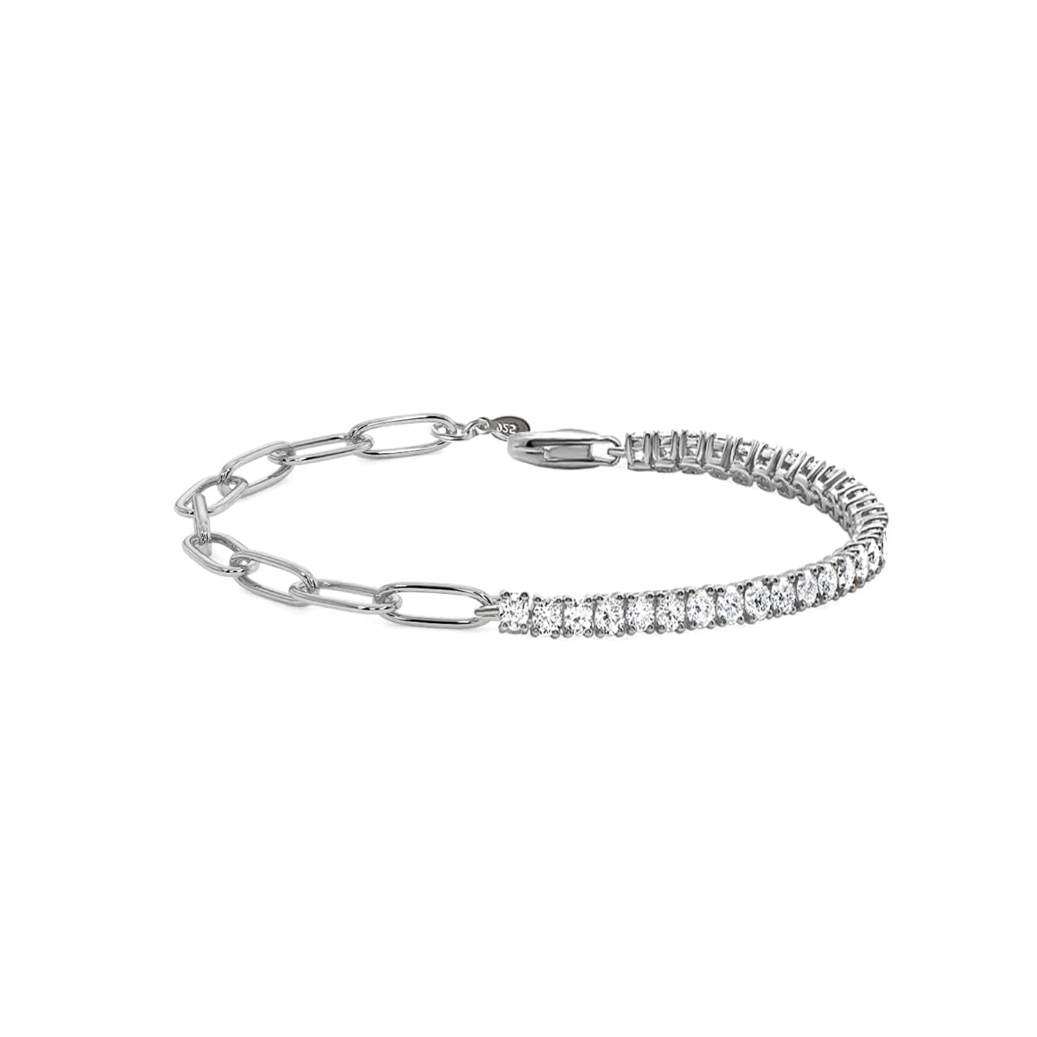 925 Sterling Silver CZ Minimalist Double Chain Tennis Paperclip Links & Box Chain Bracelet for Women