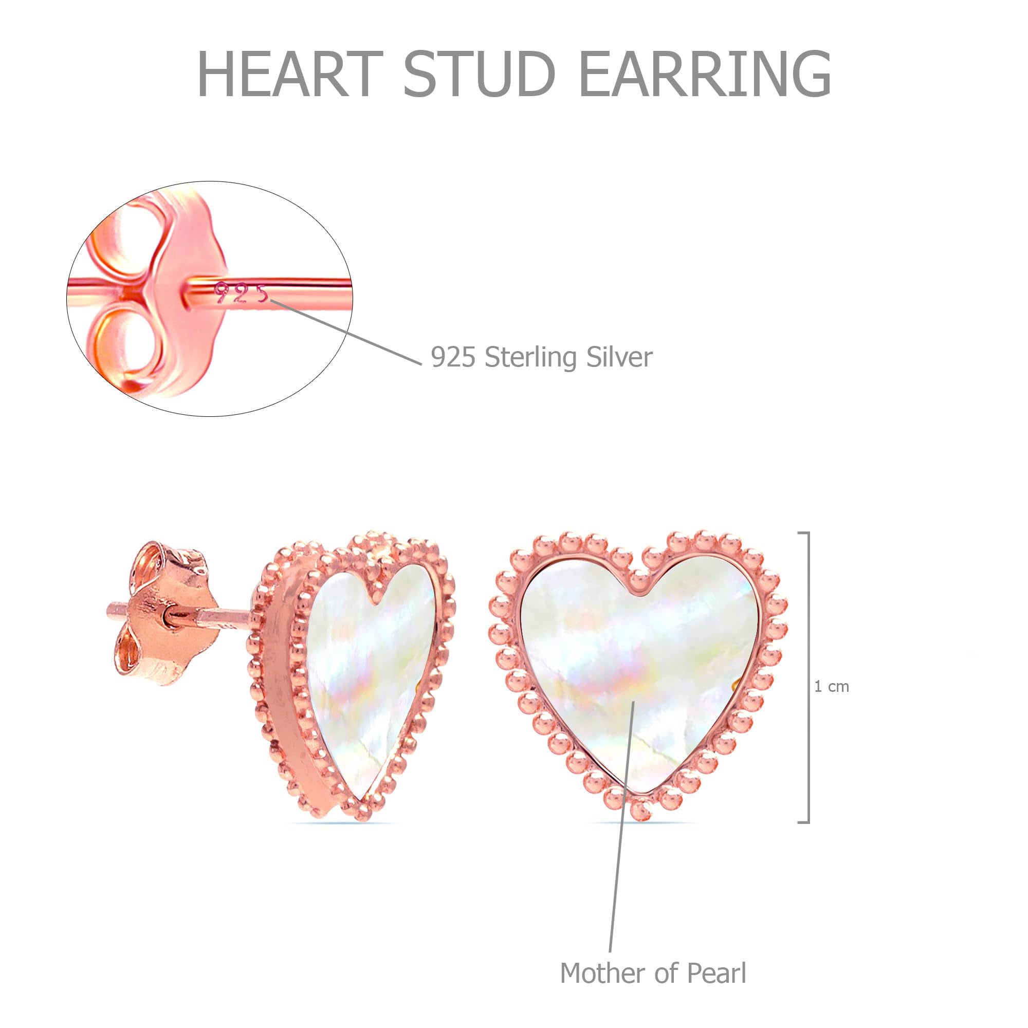 925 Sterling Silver 14K Rose-Gold Plated Mother of Pearl Heart Classic MOP Stud Earrings for Women Teen