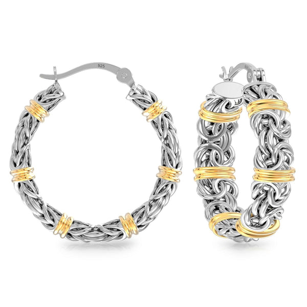 925 Sterling Silver 14K Gold-Plated Byzantine Station Two-Tone Click-Top Hoop Earrings for Women