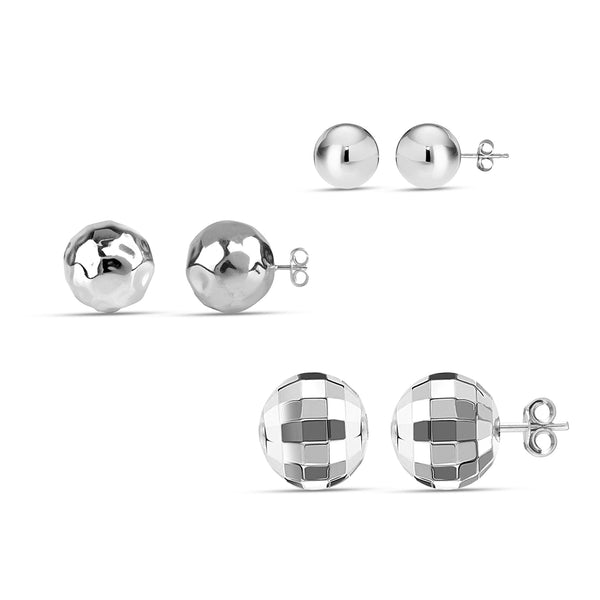 925 Sterling Silver Light Weight Round Small Ball Stud Earrings for Women Set of 3 Pairs