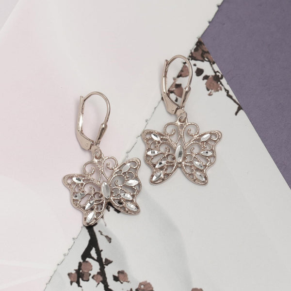 925 Sterling Silver Filigree Heart and Butterfly Floral Design Diamond-Cut Lightweight Leverback Drop Dangle Earrings for Women