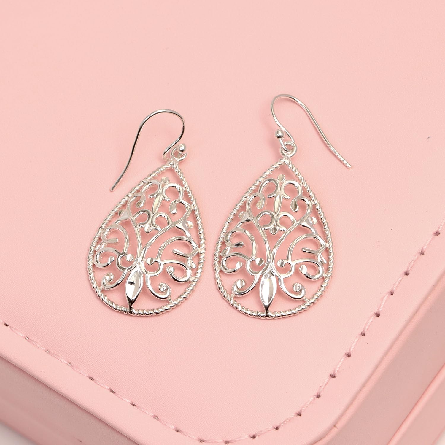 925 Sterling Silver Floral Filigree French Wire Classic Filigree Teardrop Drop Dangle Earrings for Women