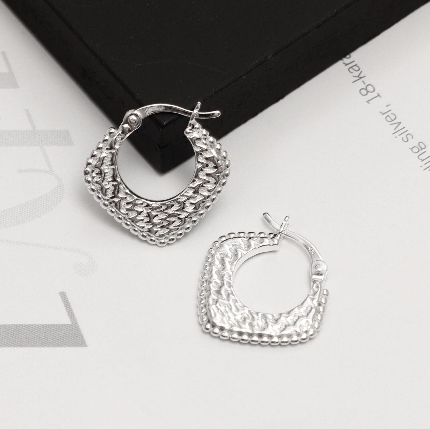 925 Sterling Silver Small Beaded Square Shape Textured Click-Top Hoop Earrings for Women Teen