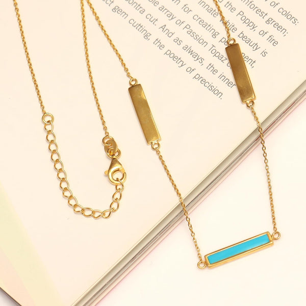 925 Sterling Silver 14K Gold Plated Sideways Horizontal Flat Bar Pendant Necklace for Women