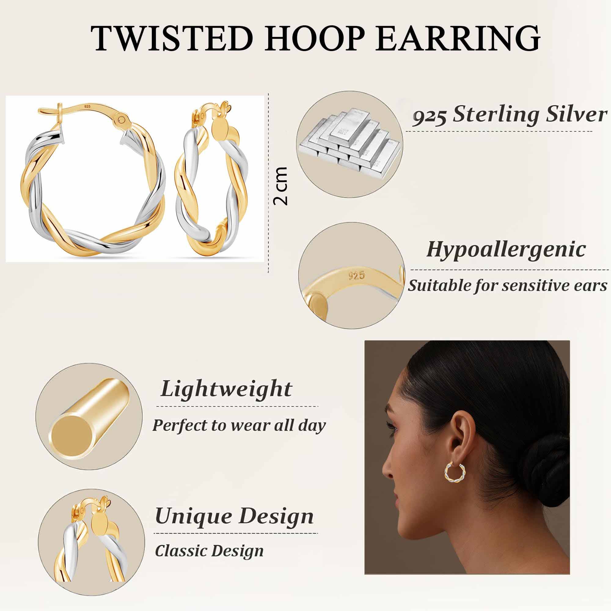 925 Sterling Silver Two-Tone Twisted Round Click-Top Hoop Earrings for Women Teen