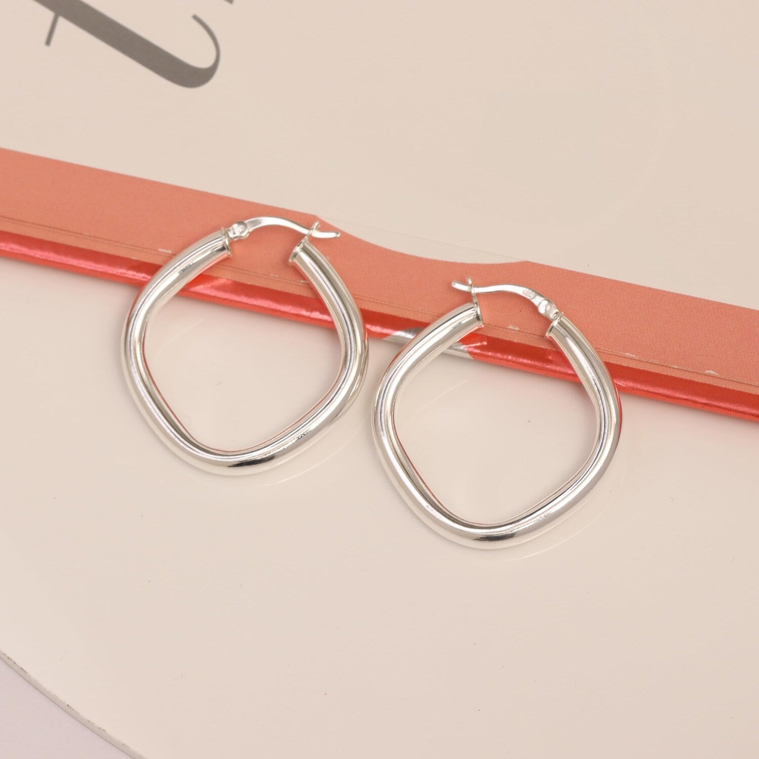 925 Sterling Silver Medium Italian Minimalist Square Shape Hoop Earrings for Women