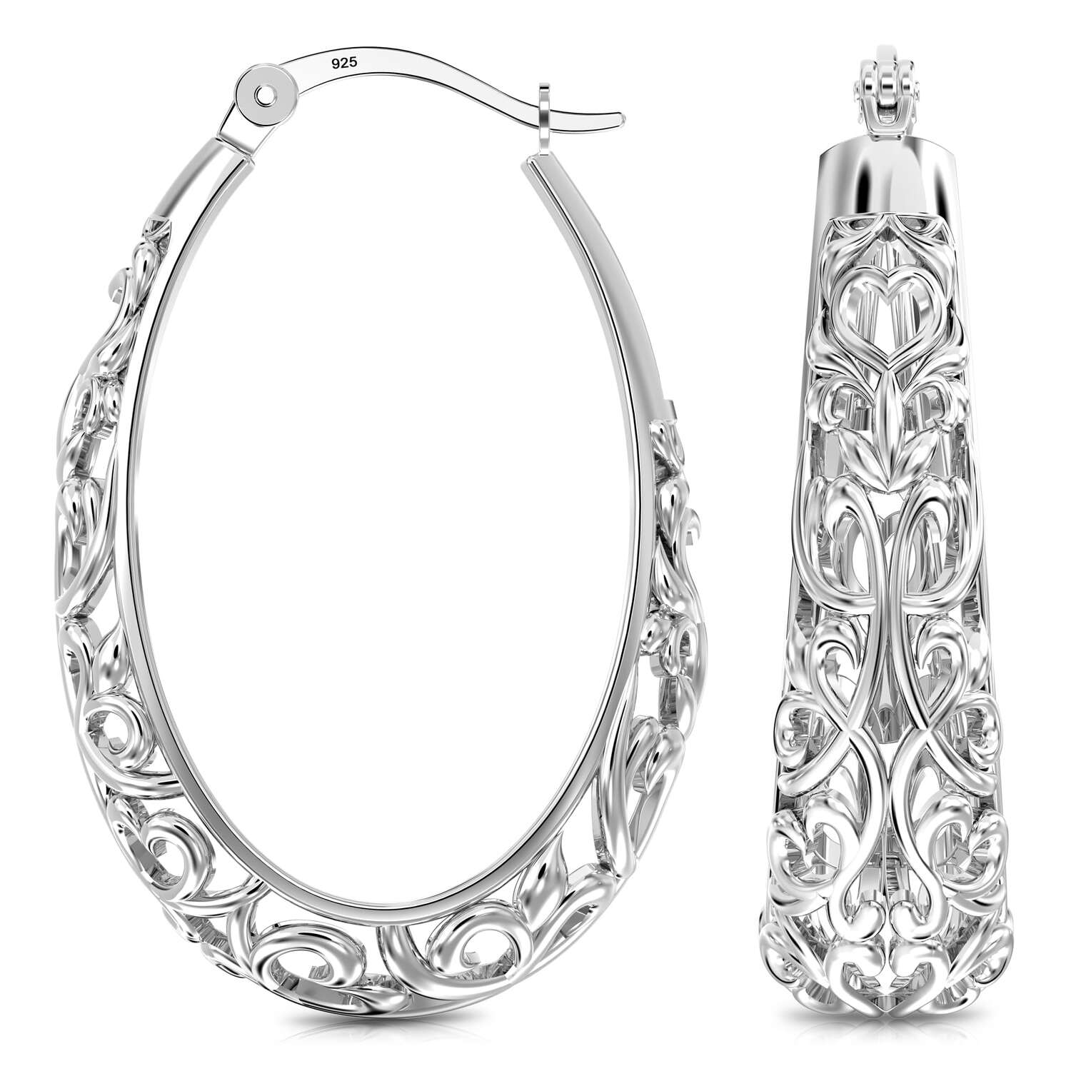 925 Sterling Silver Mesh Filigree Oval Click-Top Hoop Earrings for Women