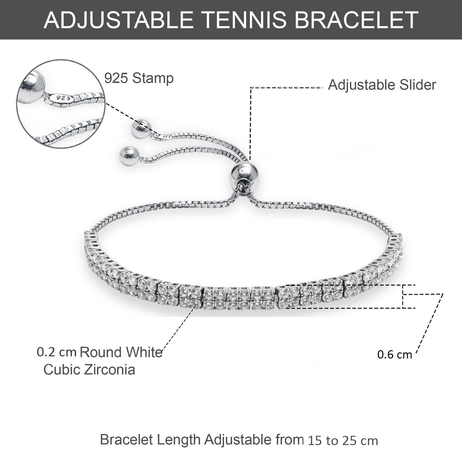 925 Sterling Silver Cubic Zirconia Tennis Double Row Adjustable Bolo Bracelet for Women