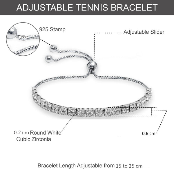 925 Sterling Silver Cubic Zirconia Tennis Double Row Adjustable Bolo Bracelet for Women