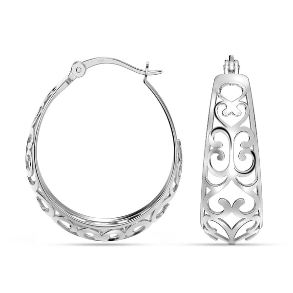 925 Sterling Silver Hypoallergenic Trendy Small Oval Mesh Filigree Heart Click-Top Hoop Earrings for Women