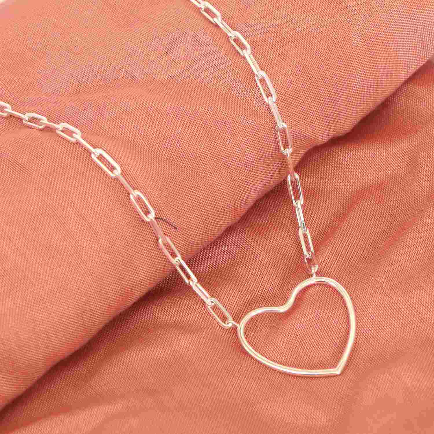 925 Sterling Silver Open Heart Paperclip Chain Pendant Necklace for Women Teen