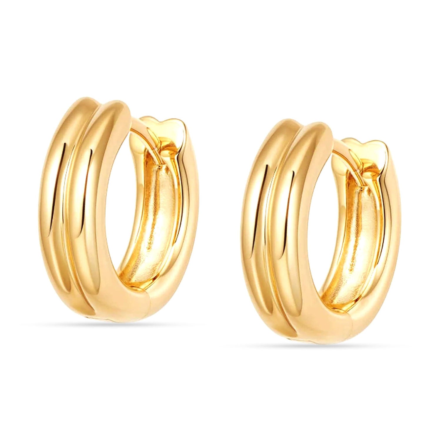 925 Sterling Silver 14K Gold Plated Small Chunky Minimalist Double Ridge Huggie Hoop Earrings for Women